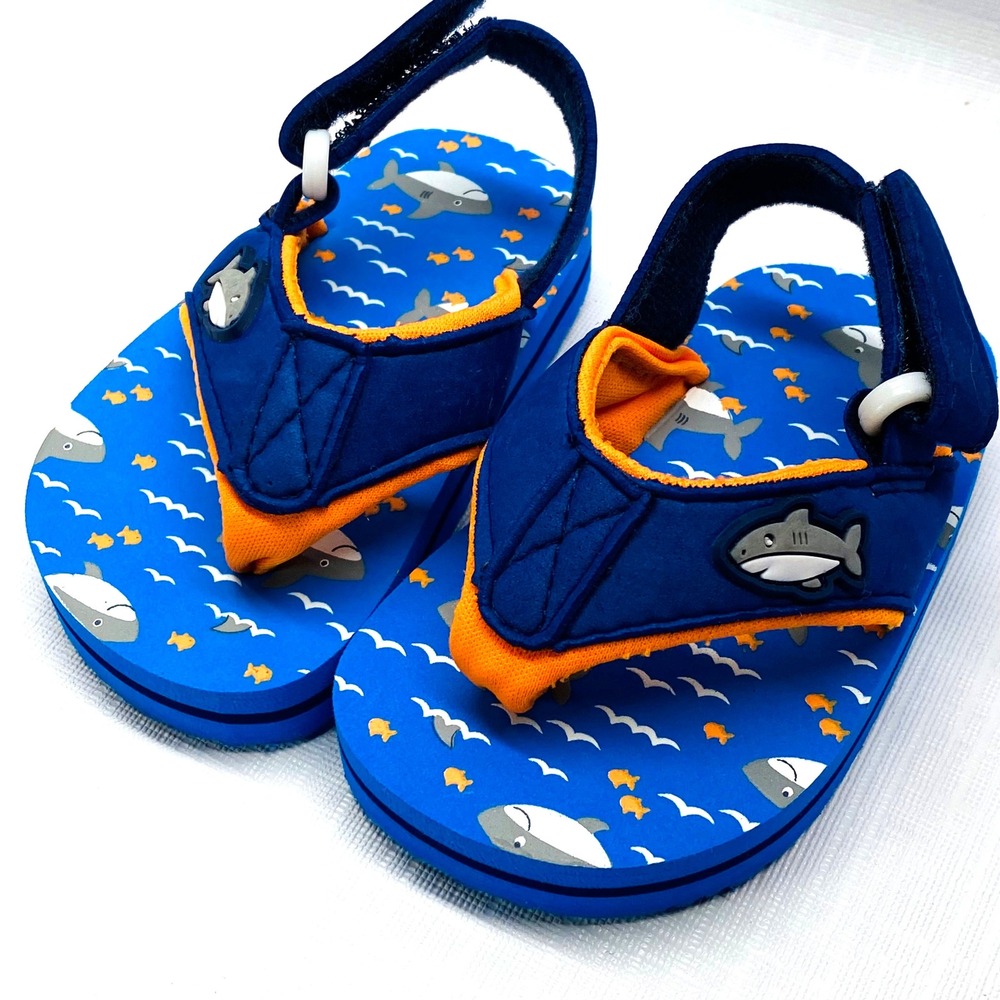 Kids Shark Flip Flop Sandals Toddler‎ Size 3 Blue Orange Hook and Loop
